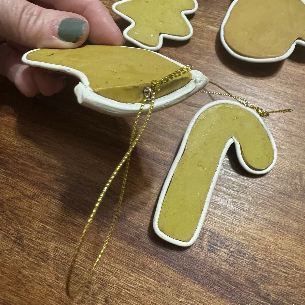 Set‎ Of 4 Christmas Ornaments Handmade Soft Clay - Stocking, Candy Cane, Tree